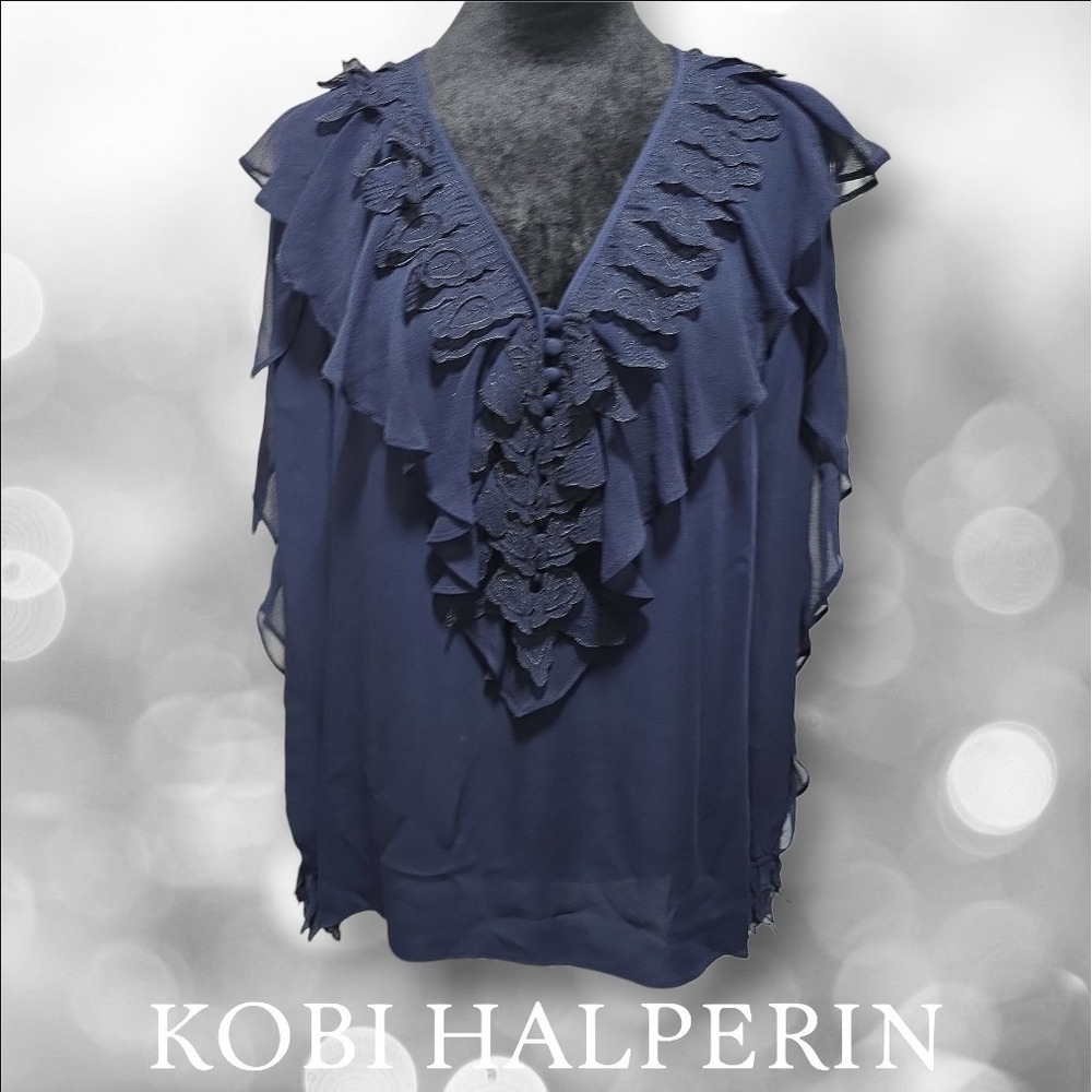 Kobi Halperin Briley Silk Ruffle Lace Blouse Womens Navy Blue KF7B16-17 Medium